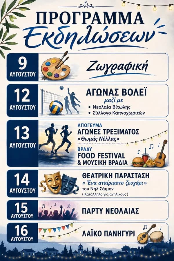 Πρόγραμμα εκδηλώσεων Αυγούστου 2026 στο Ροβολιάρι